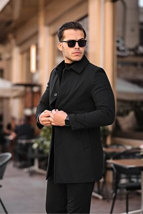 Gm Giyimarket Erkek Uzun Kaşe Kaban Slim Fit Siyah Düz Desenli Günlük Kullanım İçin S Beden görsel 2