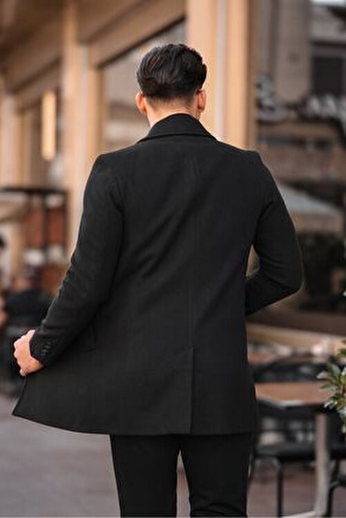 Gm Giyimarket Erkek Uzun Kaşe Kaban Slim Fit Siyah Düz Desenli Günlük Kullanım İçin S Beden görsel 3