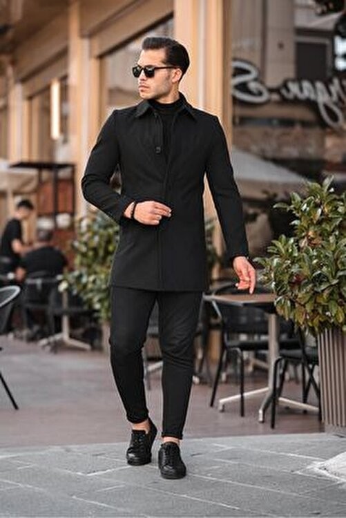 Gm Giyimarket Erkek Uzun Kaşe Kaban Slim Fit Siyah Düz Desenli Günlük Kullanım İçin S Beden görsel 4