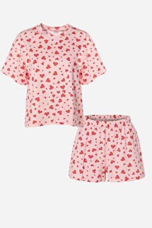 Koza İç Giyim Kadın Kırmızı Kalpli Kısa Kollu Pamuklu Pijama Takımı Basic Desenli Şortlu Rahat Kullanım