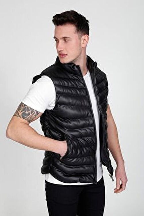 Moda Baskca Erkek Slim Fit Siyah Deri Şişme Yelek Fermuarlı Kapama ile Şık ve Rahat