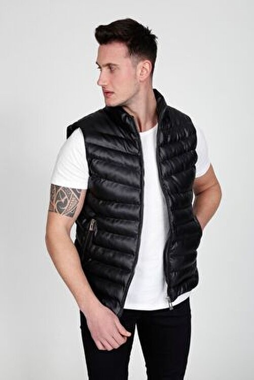 Moda Baskca Erkek Slim Fit Siyah Deri Şişme Yelek Fermuarlı Kapama ile Şık ve Rahat görsel 2
