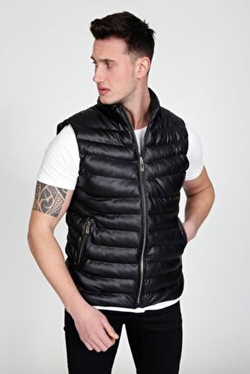 Moda Baskca Erkek Slim Fit Siyah Deri Şişme Yelek Fermuarlı Kapama ile Şık ve Rahat görsel 3