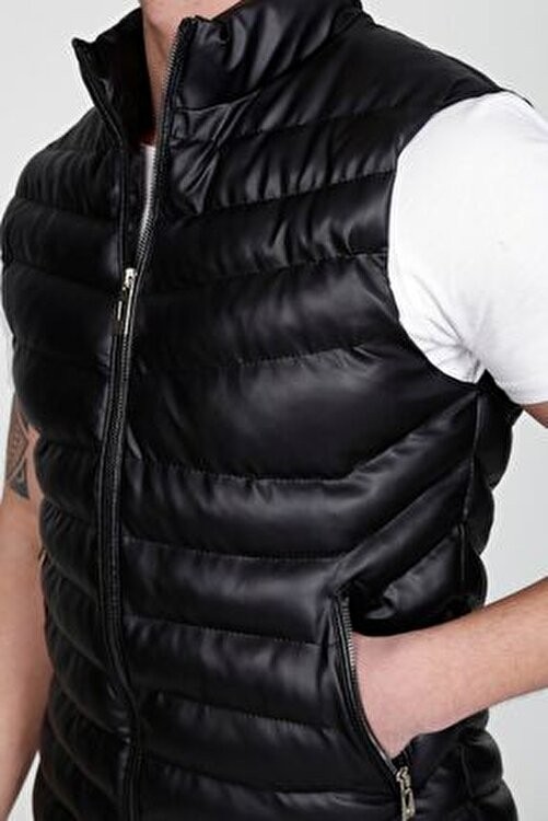 Moda Baskca Erkek Slim Fit Siyah Deri Şişme Yelek Fermuarlı Kapama ile Şık ve Rahat görsel 4