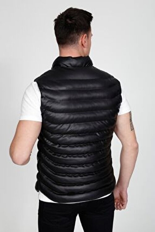Moda Baskca Erkek Slim Fit Siyah Deri Şişme Yelek Fermuarlı Kapama ile Şık ve Rahat görsel 5