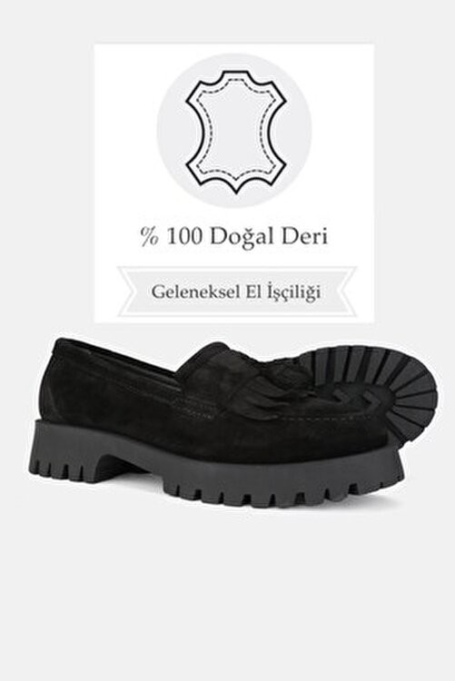 Tunaelli Kadın Siyah Süet Deri Loafer Ayakkabı 36-41 Numara Düz Tabanlı Rahat Kullanım görsel 3