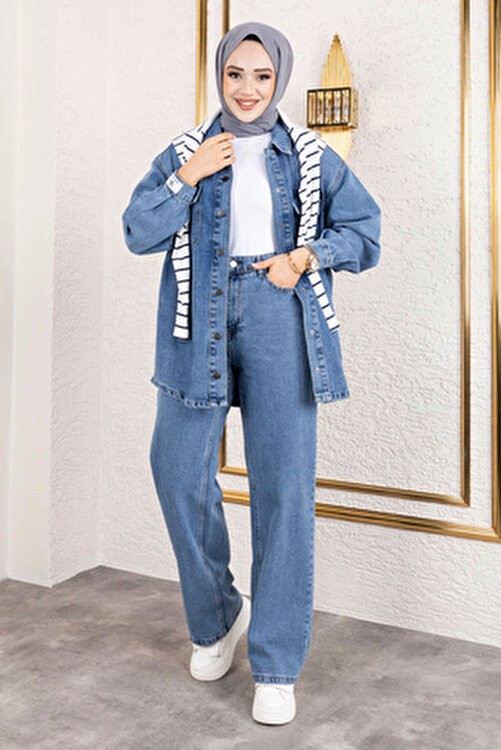 Tesettür Dünyası Açık Mavi More Denim Takım Kadın Düğmeli Yaka Regular Fit görsel 7