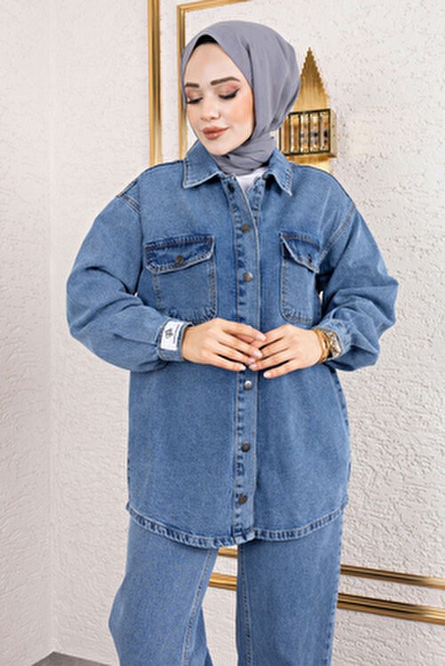 Tesettür Dünyası Açık Mavi More Denim Takım Kadın Düğmeli Yaka Regular Fit görsel 8