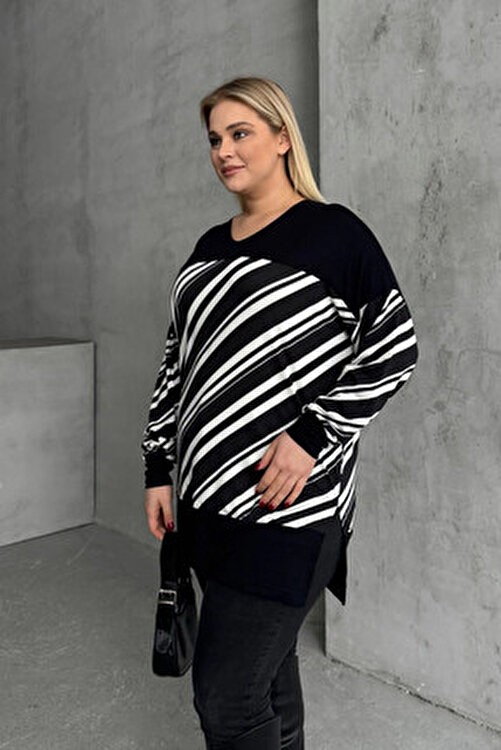 Stil Diva Büyük Beden V Yaka Uzun Kollu Bileği Lastikli Yırtmaçlı Bluz 303085 görsel 2
