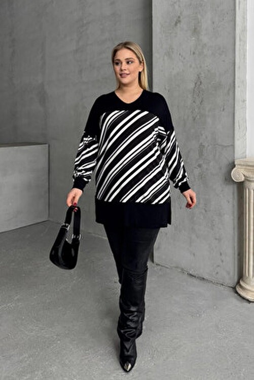 Stil Diva Büyük Beden V Yaka Uzun Kollu Bileği Lastikli Yırtmaçlı Bluz 303085 görsel 5
