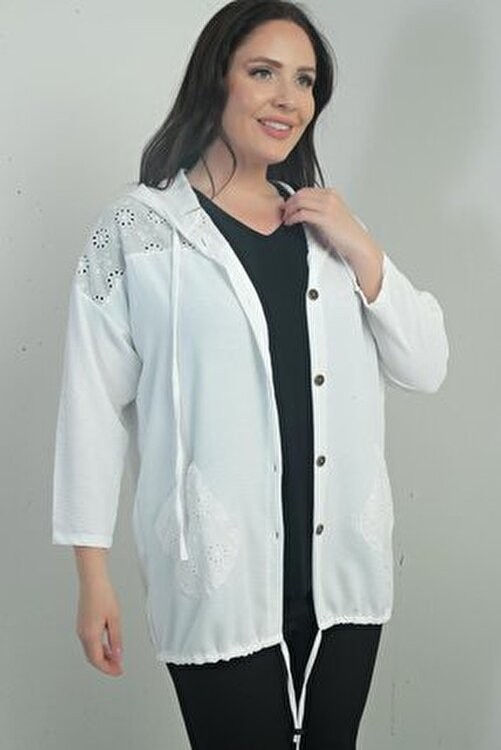 Belirtilmemiş Kadın Kapüşonlu Önü Düğmeli Cepli Fistolu Büyük Beden Hırka görsel 2