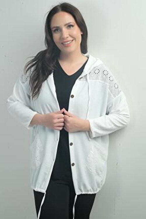 Belirtilmemiş Kadın Kapüşonlu Önü Düğmeli Cepli Fistolu Büyük Beden Hırka görsel 3