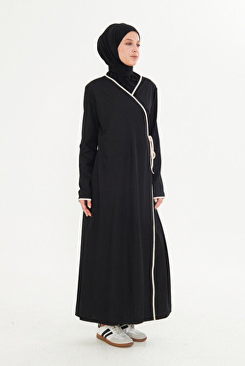 Lesa Wear Kruvaze Yaka Içten Dıştan Bağlamalı Namaz Elbisesi Siyah Esnek Kumaş, Tesettür Elbise, Namaz Elbise görsel 7