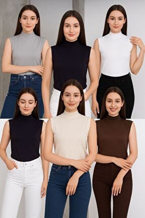 Hashtag Kadın Balıkçı Yaka Sıfır Kol Body 6'lı Set Viskon Kumaş
