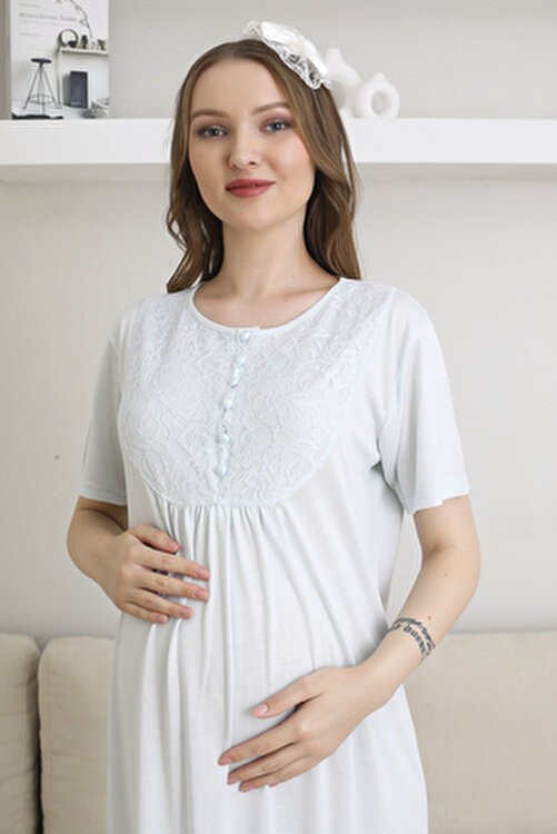 Erdeniz Tekstil Lohusa Uzun Gecelik ve Sabahlık Hamile Takım 6 Düğmeli Emzirme ve Tesettüre Uygun 2'li Set Mavi görsel 4