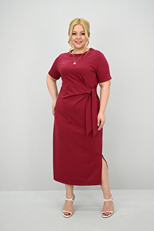 Koza Butik Kadın Büyük Beden Kısa Kollu Elbise Bel Bağlama Detayı ile Modern Stil 5303-25 görsel 8