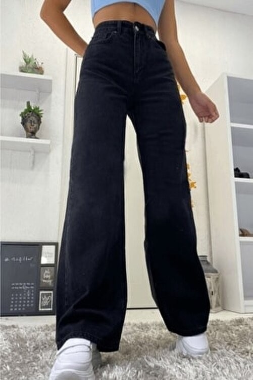Limabel Sicilya Kadın Siyah Süper Yüksek Bel Bol Paça Jeans - Likralı Wide Leg Kot Pantolon