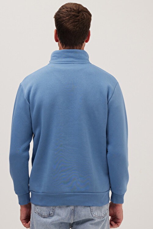 Tudors Unisex Relax Fit Rahat Kesim Pamuklu Içi Polarlı Yarım Fermuarlı Petrol Mavi Dik Yaka Sweatshirt görsel 7