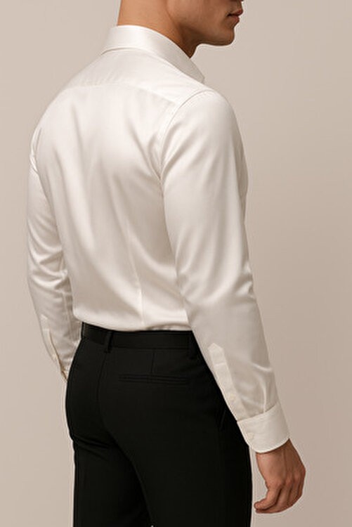 Cathecat Slim Fit Uzun Kollu Kolay Ütü Teri Emen Nefes Alan Doku Kravatlık Dört Mevsim Beyaz Erkek Gömlek görsel 6