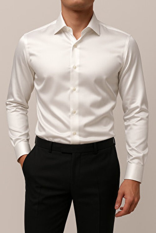 Cathecat Slim Fit Uzun Kollu Kolay Ütü Teri Emen Nefes Alan Doku Kravatlık Dört Mevsim Beyaz Erkek Gömlek görsel 7