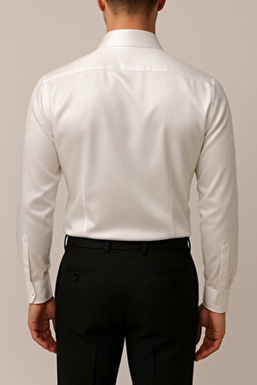 Cathecat Slim Fit Uzun Kollu Kolay Ütü Teri Emen Nefes Alan Doku Kravatlık Dört Mevsim Beyaz Erkek Gömlek görsel 8