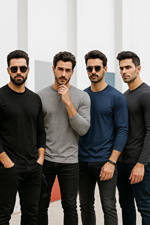 Rich Erkek Grimelanj-Siyah-Lacivert-Antrasit 4'lü Paket Basic Uzun Kollu Sporcu Body görsel 4
