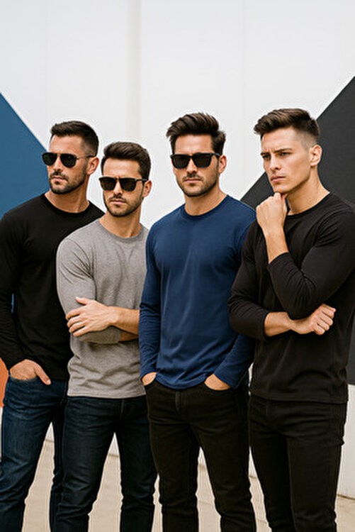 Rich Erkek Grimelanj-Siyah-Lacivert-Antrasit 4'lü Paket Basic Uzun Kollu Sporcu Body görsel 5