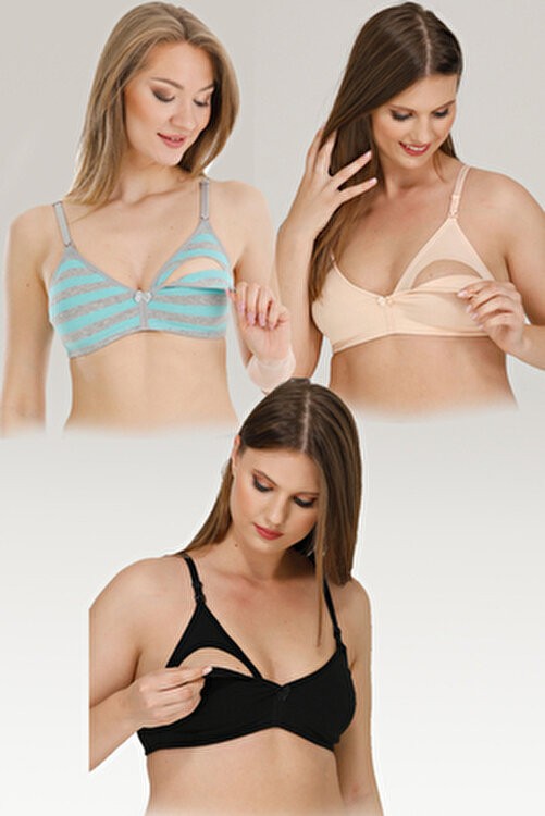Parlingerie 3'lü Beyaz Emzirme Sütyeni Organik Yumuşak Dokulu Çizgi Desenli Konforlu Tasarım