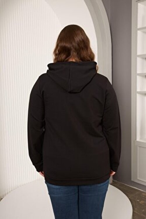 Rmg Kapşonlu Büyük Beden Siyah Sweatshirt Kadın Düşük Kol ve Kanguru Cep Özellikleriyle görsel 4