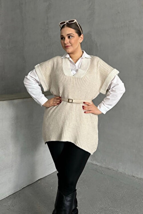 Stil Diva V Yaka Kısa Kollu Triko Süveter Büyük Beden Rahat Kullanım 302137