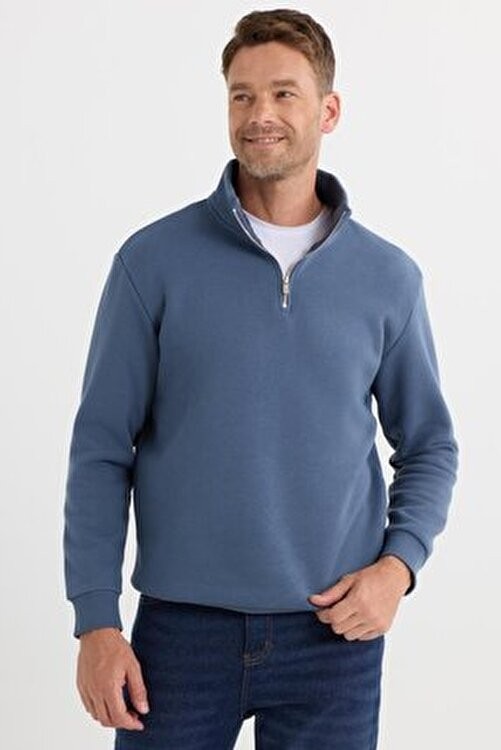 Tudors Unisex Relax Fit Rahat Kesim Pamuklu Içi Polarlı Yarım Fermuarlı Petrol Mavi Dik Yaka Sweatshirt