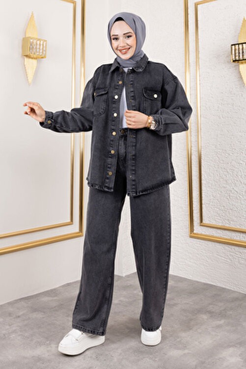 Tesettür Dünyası Açık Mavi More Denim Takım Kadın Düğmeli Yaka Regular Fit
