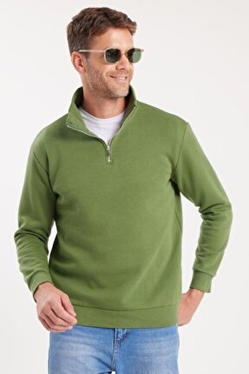 Tudors Unisex Relax Fit Rahat Kesim Pamuklu Içi Polarlı Yarım Fermuarlı Petrol Mavi Dik Yaka Sweatshirt görsel 8