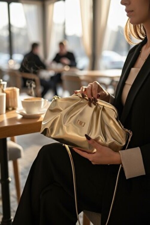 Class Bag Kadın Gold Orta Boy Parlak Suni Deri Askılı Clutch ve Abiye Çanta