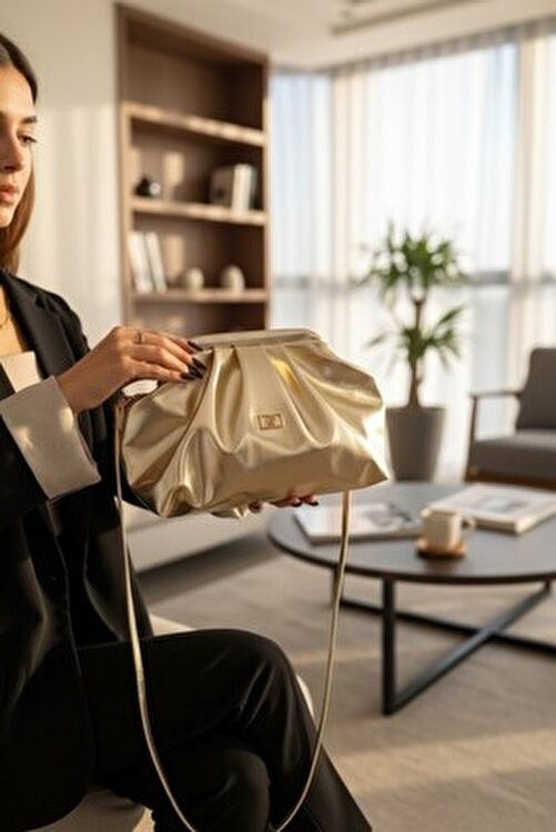 Class Bag Kadın Gold Orta Boy Parlak Suni Deri Askılı Clutch ve Abiye Çanta görsel 8