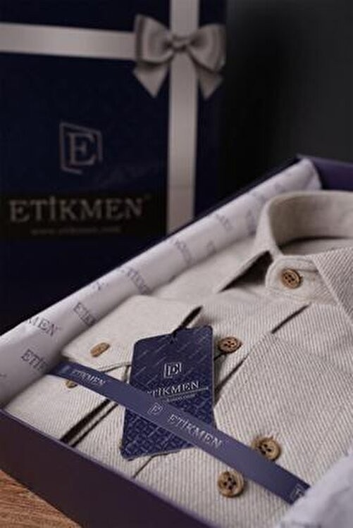 Etikmen Slimfit Erkek Gömlek Klasik Stil Sütlü Kahve Renk Cepsiz Tasarım görsel 7