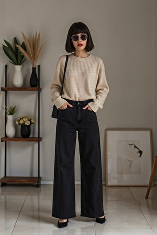 Enzim Jeans Kadın Wide Leg Baggy Fit %100 Pamuk Denim Pantolon Uzun Kesim görsel 4