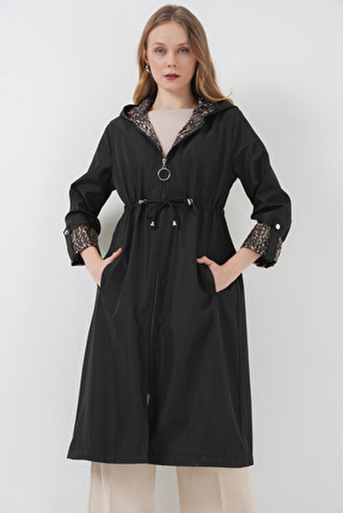 Bigdart Siyah Bigdart Kadın Trençkot Beli Büzgülü Kapşonlu %100 Polyester Günlük Kullanım görsel 6