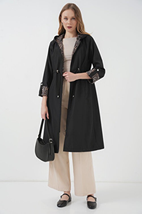 Bigdart Siyah Bigdart Kadın Trençkot Beli Büzgülü Kapşonlu %100 Polyester Günlük Kullanım görsel 7