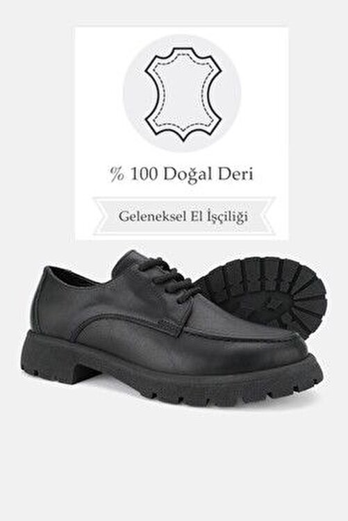 Tunaelli Kadın Siyah Mat Hakiki Doğal Deri 36-41 Numara Bağcıklı Oxford Ayakkabı görsel 3