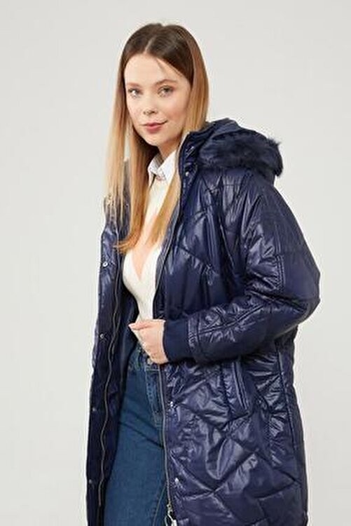 Lêvi D'or Levidor Kadın Seyyar Kapüşonlu Mont Polyester Lacivert Baklava Desenli Uzun Kol Özellikli görsel 4
