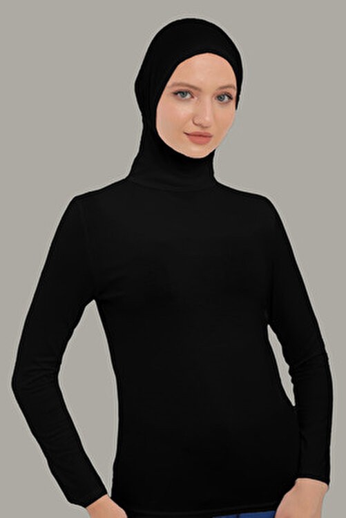 Kadın Uzun Kollu Body Boyunluklu Boneli Tam Badi Boğazlı Likralı Penye