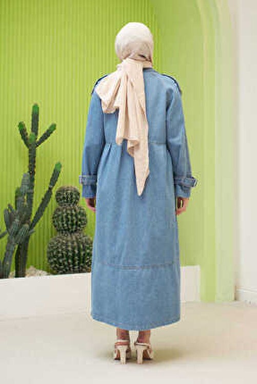 Neways Denim Ceket Mavi Süs Pileli Kollu Kadın Ceket Coton Malzeme ile Şık Tasarım görsel 6