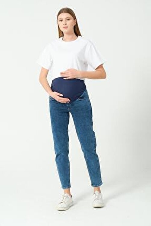Busa Kadın Hamile Mom Fit Mavi Kot Pantolon Esnek Karın Bantlı %97 Pamuklu görsel 7