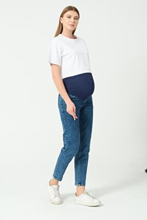 Busa Kadın Hamile Mom Fit Mavi Kot Pantolon Esnek Karın Bantlı %97 Pamuklu görsel 8