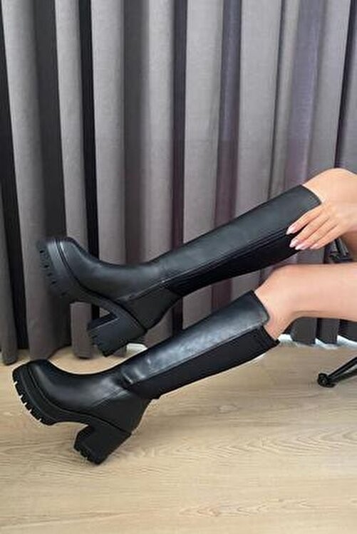Preshley Kadın Siyah Dalgıç Kumaş 8 cm Platform Topuklu Çizme Kışlık Şık Tasarım