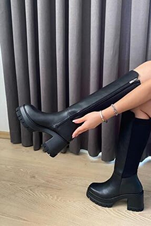 Preshley Kadın Siyah Dalgıç Kumaş 8 cm Platform Topuklu Çizme Kışlık Şık Tasarım görsel 2