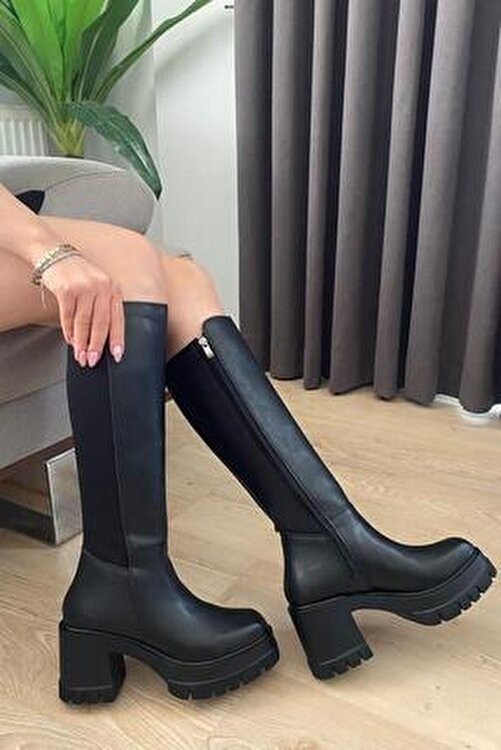 Preshley Kadın Siyah Dalgıç Kumaş 8 cm Platform Topuklu Çizme Kışlık Şık Tasarım görsel 4