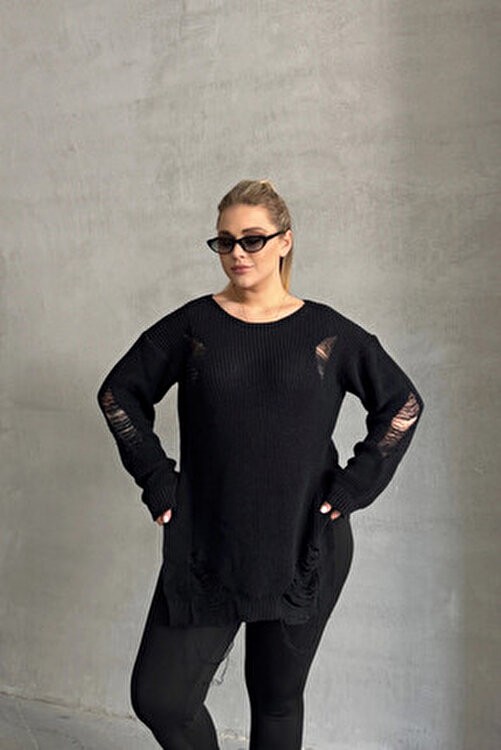 Stil Diva Büyük Beden Kadın Yırtık Detaylı Uzun Kollu Bisiklet Yaka Triko Kazak 303582 görsel 8