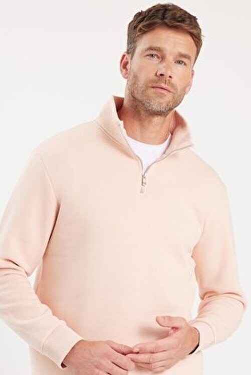 Tudors Unisex Relax Fit Rahat Kesim Pamuklu Içi Polarlı Yarım Fermuarlı Petrol Mavi Dik Yaka Sweatshirt